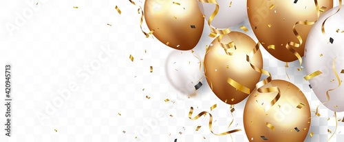 Celebration banner with gold confetti and balloons