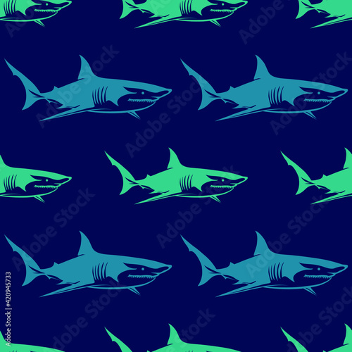 Shark on a blue background, texture for design, seamless pattern, vector illustration