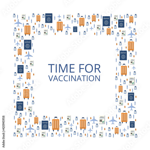 Background on the theme of vaccination. New travels after the pandemic, passport, antibodies. Travel permit. Vector