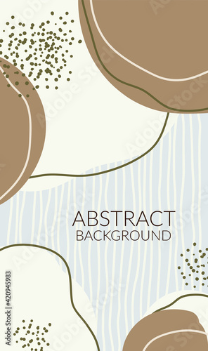 Abstract poster with composition of organic shapes in trendy modern style. Place for text. Smooth lines, spots, shapes. Can be used to decorate covers, postcards, walls. Vector