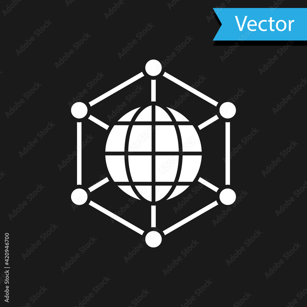 White Global technology or social network icon isolated on black background. Vector White Global technology or social network icon isolated on black background. Vector