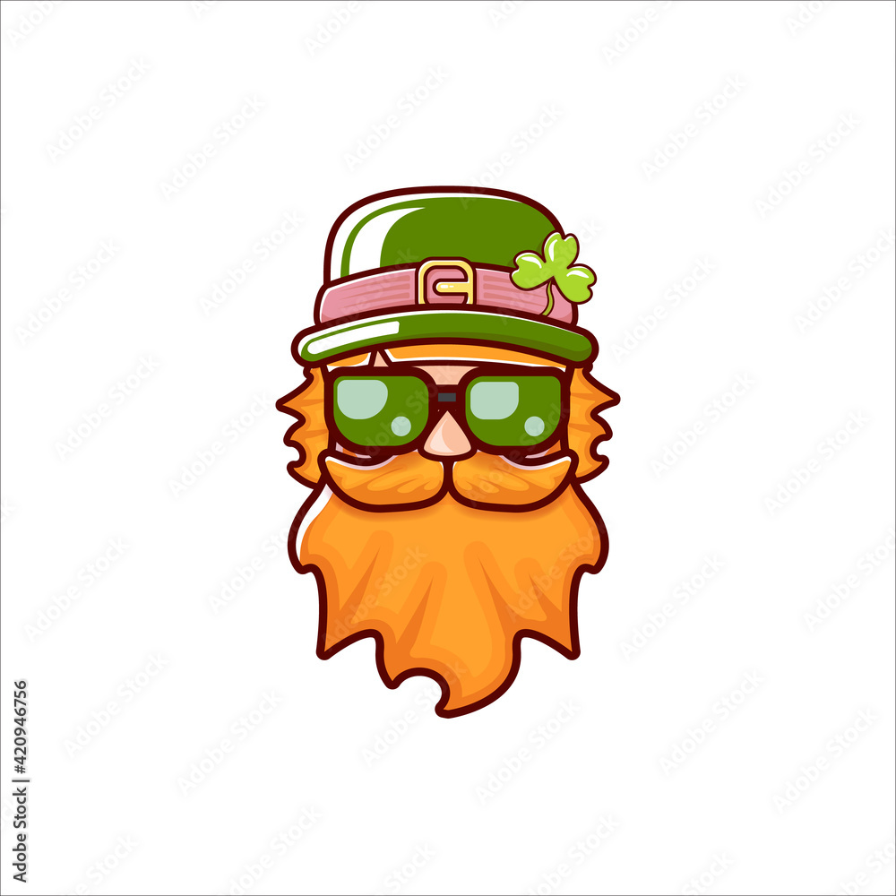 Saint Patricks Day greeting card. Irish Leprechaun with green hat, red mustache, red beard and funky hipster sunglasses isolated on white. Saint Patrick label or line art cartoon style icon. Saint Patricks Day greeting card. Irish Leprechaun with green hat, red mustache, red beard and funky hipster sunglasses isolated on white. Saint Patrick label or line art cartoon style icon.