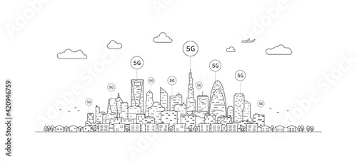 5G wireless network. 5th internet service, urban city with things and services icons connection, internet of things, network with high speed connection and Mobile connectivity.
