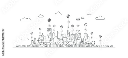 5G wireless network. 5th internet service, urban city with things and services icons connection, internet of things, network with high speed connection and Mobile connectivity.