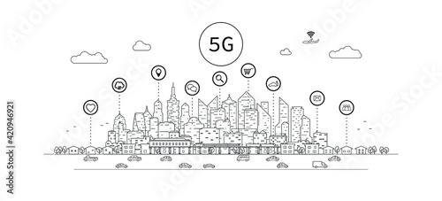 5G wireless network. 5th internet service, urban city with things and services icons connection, internet of things, network with high speed connection and Mobile connectivity.
