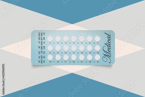 Packaging of birth control pills. Contraceptive pill, hormonal pills, birth control pills. Women oral contraception. Planning pregnancy concept.Realistic blister with contraceptive pills.