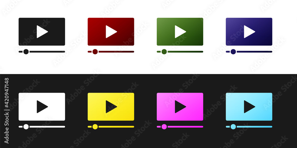 Set Online play video icon isolated on black and white background. Film strip with play sign. Vector Set Online play video icon isolated on black and white background. Film strip with play sign. Vector