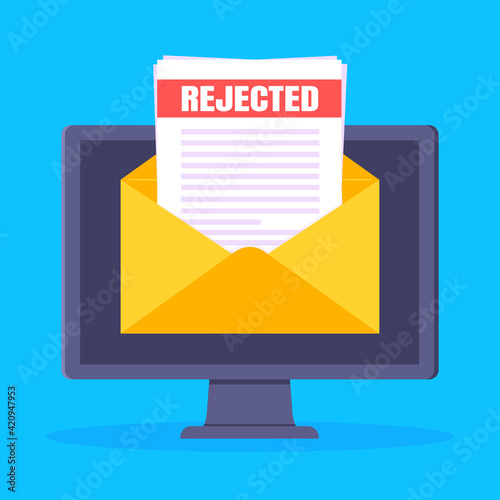 College or university reject letter with pc computer screen, open envelope document email.