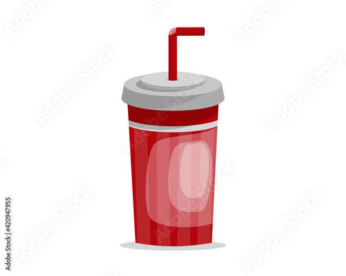 Red plastic drink cup packaging for beverages with straw. Paper cup icon vector