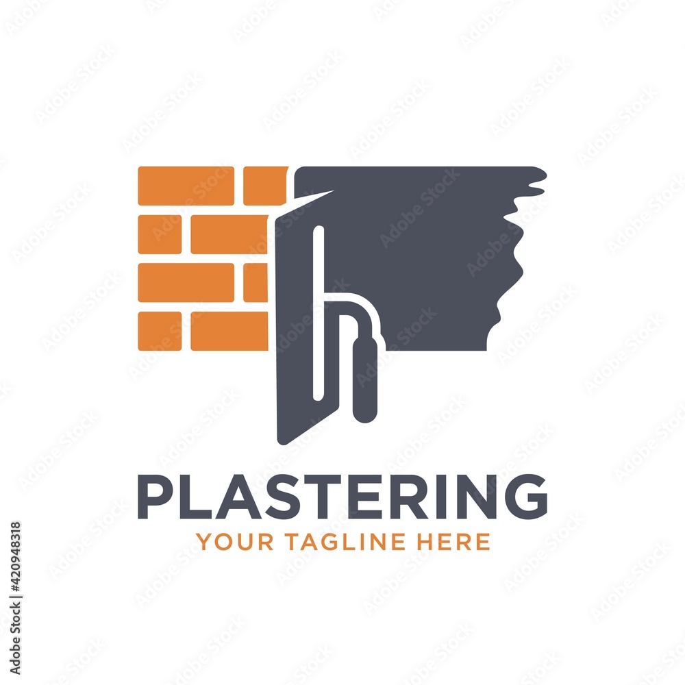 Plastering template logo design. illustration of trowel plastering with stacked brick Stock