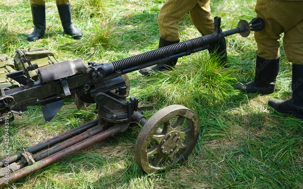Heavy machine gun. Old Powerful Military machine Gun. long barrel