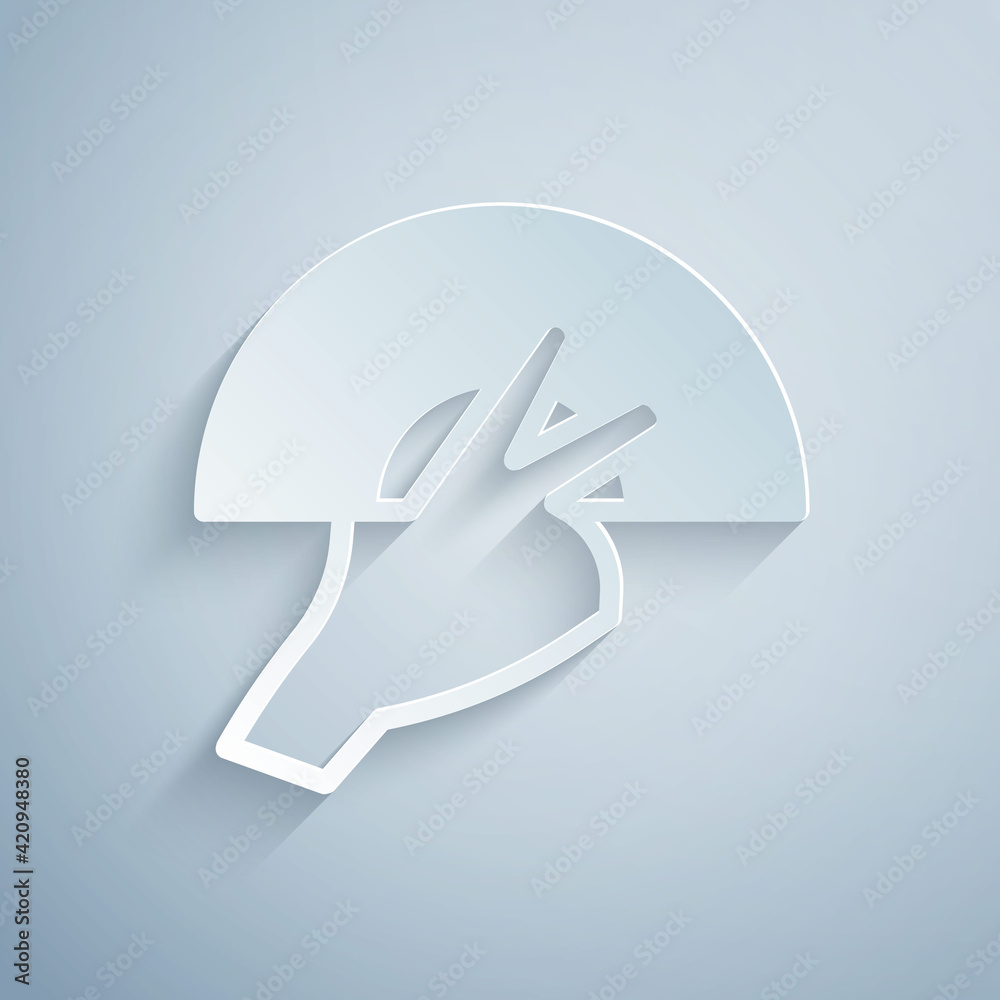 Paper cut Female hand with open fan flamenco accessory icon isolated on grey background. Paper art style. Vector Paper cut Female hand with open fan flamenco accessory icon isolated on grey background. Paper art style. Vector