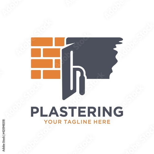 Plastering template logo design. illustration of trowel plastering with stacked brick photo