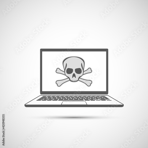 Skull and crossbones on a laptop screen.