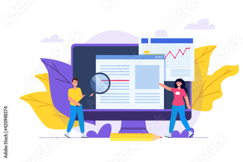 Editable online document. Blogger, copywriter or journalist concept. Editor work. Creative writing and storytelling, copywriting . Online education, distant learning. Vector illustration.