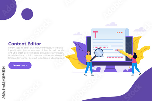 Editable online document. Blogger, copywriter or journalist concept. Editor work. Creative writing and storytelling, copywriting . Online education, distant learning. Vector illustration.