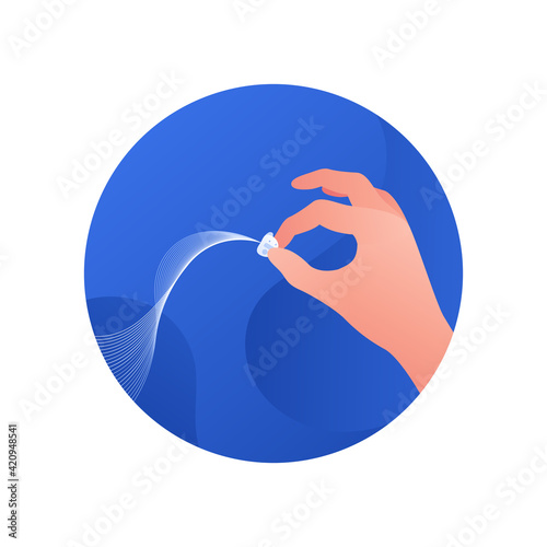 Hear aid or music earbuds concept. Vector flat illustration. Human hand hold hearing implant device with sound wave symbol in cirlce blue frame. Design element for medicine, health care.