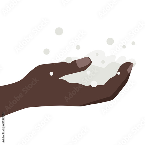 Hand washing. A dark-skinned hand with soap suds. Disinfection and cleaning. Hygiene. Vector illustration isolated on a white background for design and web.