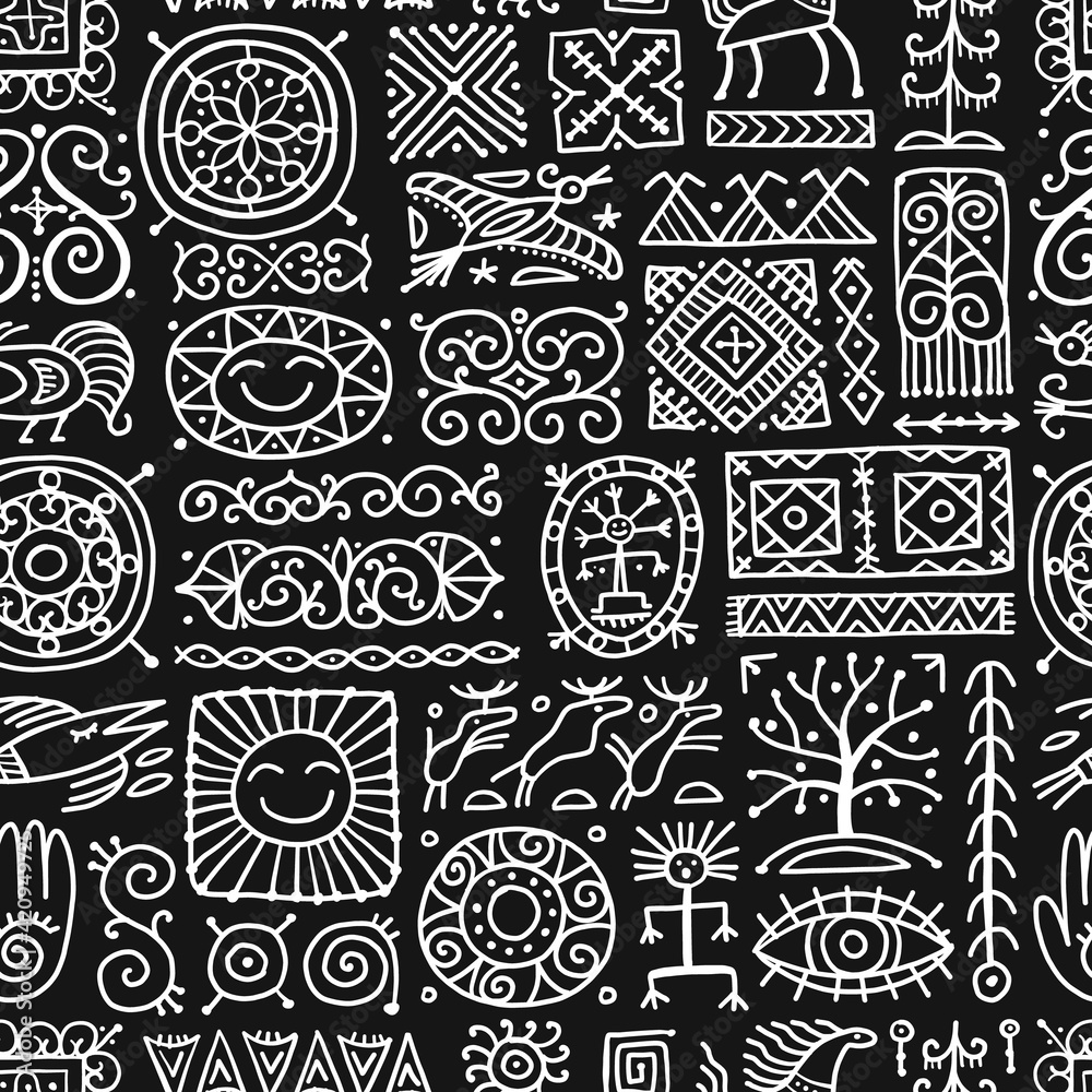 Fototapeta Ethnic handmade ornament, Folk Nordic Symbols. Seamless Pattern for your design