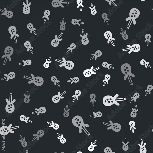 Grey Electric bass guitar icon isolated seamless pattern on black background. Vector