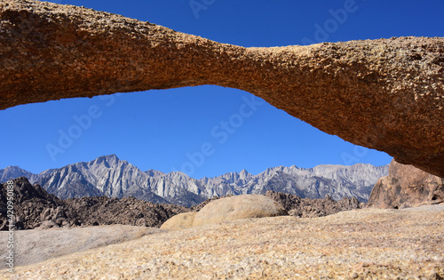 mount whitney, the eastern sierras, and the wildly-eroded alabama hills on a sunny fall day near lone pine, california