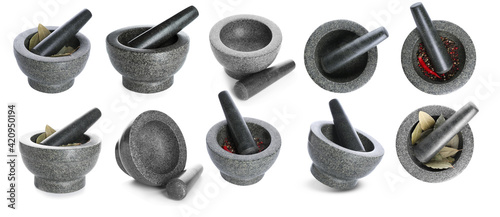 Quadro em tela Collage of mortar and pestle on white background