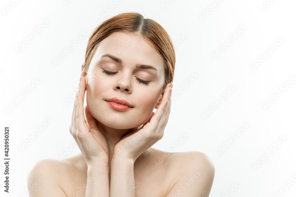 attractive woman holding face closed eyes charm naked shoulders attractive woman holding face closed eyes charm naked shoulders