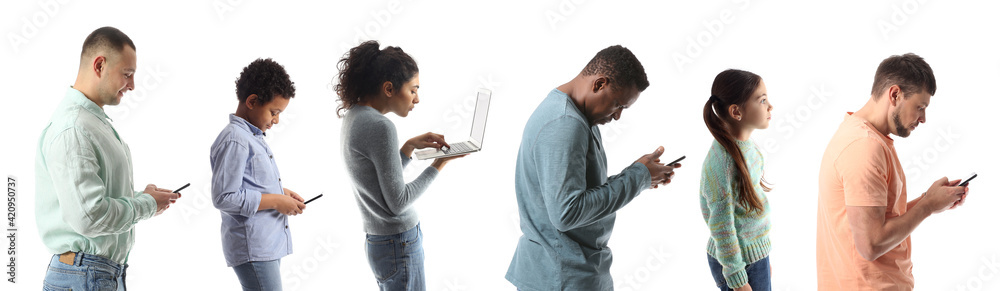 People with bad and proper posture using gadgets on white background People with bad and proper posture using gadgets on white background