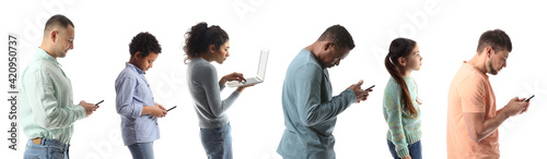 People with bad and proper posture using gadgets on white background