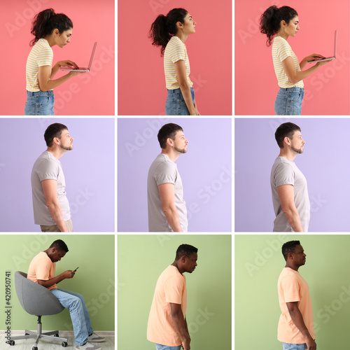 Set of people with bad and proper posture on color background photo