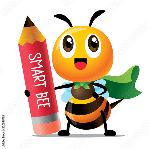 Back to school. Cartoon cute bee character with superhero cloak holding a big red pencil with big letter on pencil surface