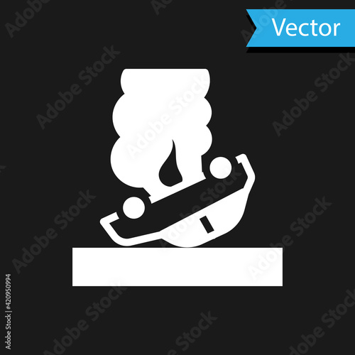 White Burning car icon isolated on black background. Car on fire. Broken auto covered with fire and smoke. Vector