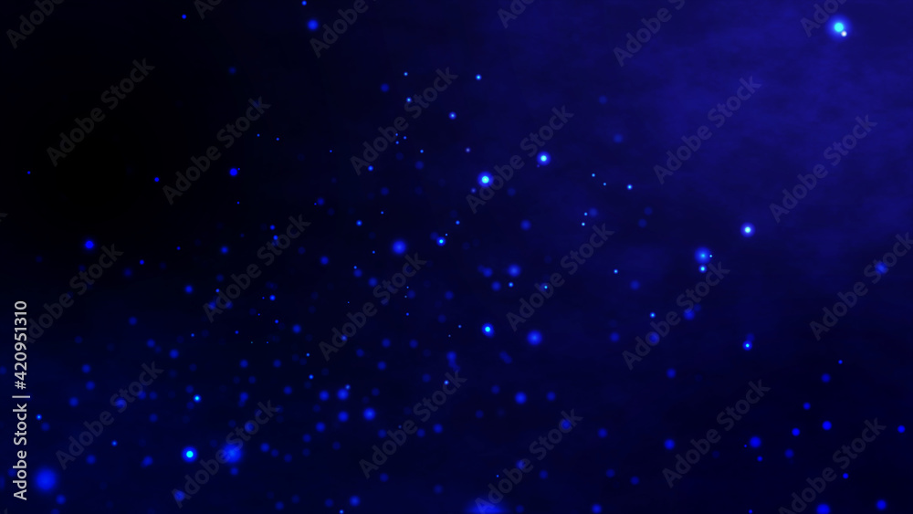 Obraz premium Beautiful blue shimmering Dust particles with dark on blue background in slow motion. Motion graphic animation of Dynamic get up in the wind bokeh Particles. Abstract digital cyber and technology