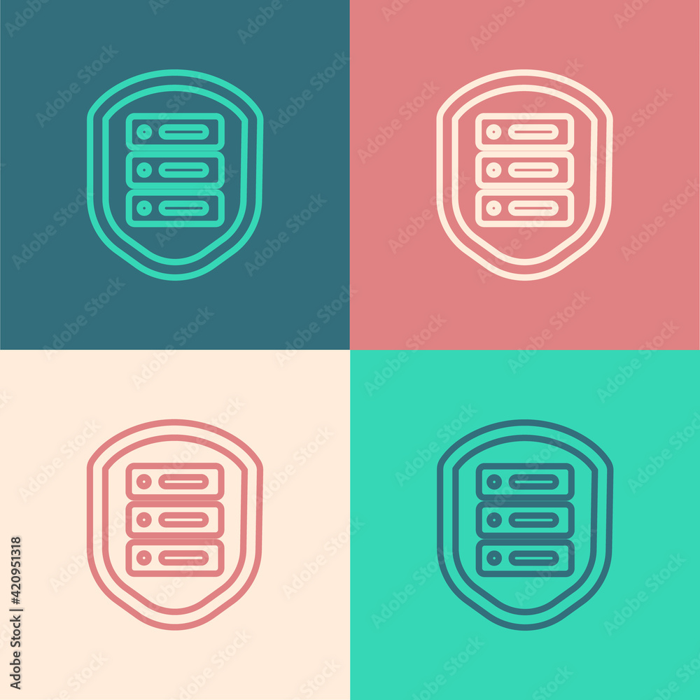 Pop art line Server with shield icon isolated on color background. Protection against attacks. Network firewall, router, switch, data. Vector Illustration Pop art line Server with shield icon isolated on color background. Protection against attacks. Network firewall, router, switch, data. Vector Illustration