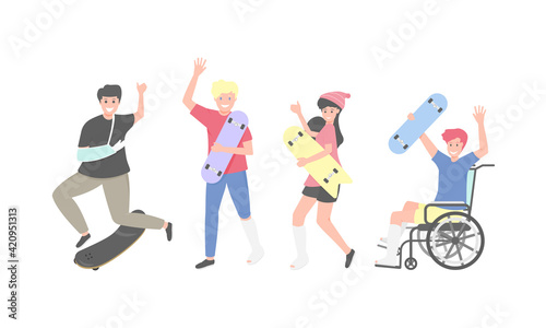 These people get different physical injuries by playing a skateboard. Flat design
