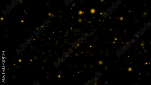 Beautiful golden shimmering Dust particles with dark on black background in slow motion. Motion graphic animation of Dynamic get up in wind bokeh Particles. Abstract bokeh digital festival template