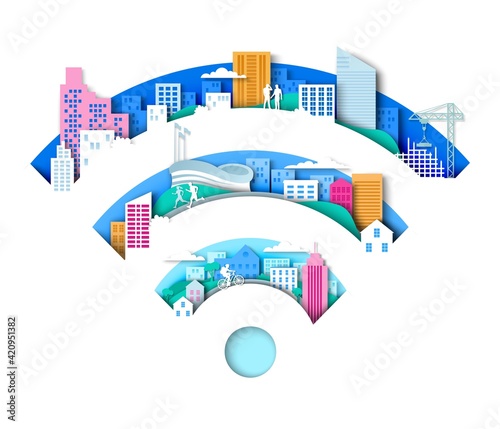 Wifi sign with city elements. Vector illustration in paper art style. Wireless internet connection technology