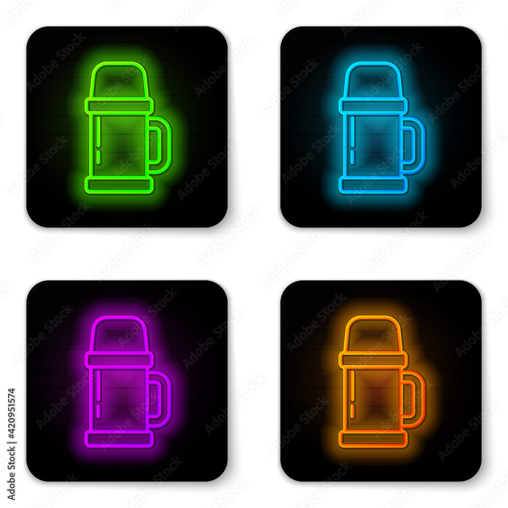 Glowing neon line Thermos container icon isolated on white background. Thermo flask icon. Camping and hiking equipment. Black square button. Vector Illustration Glowing neon line Thermos container icon isolated on white background. Thermo flask icon. Camping and hiking equipment. Black square button. Vector Illustration