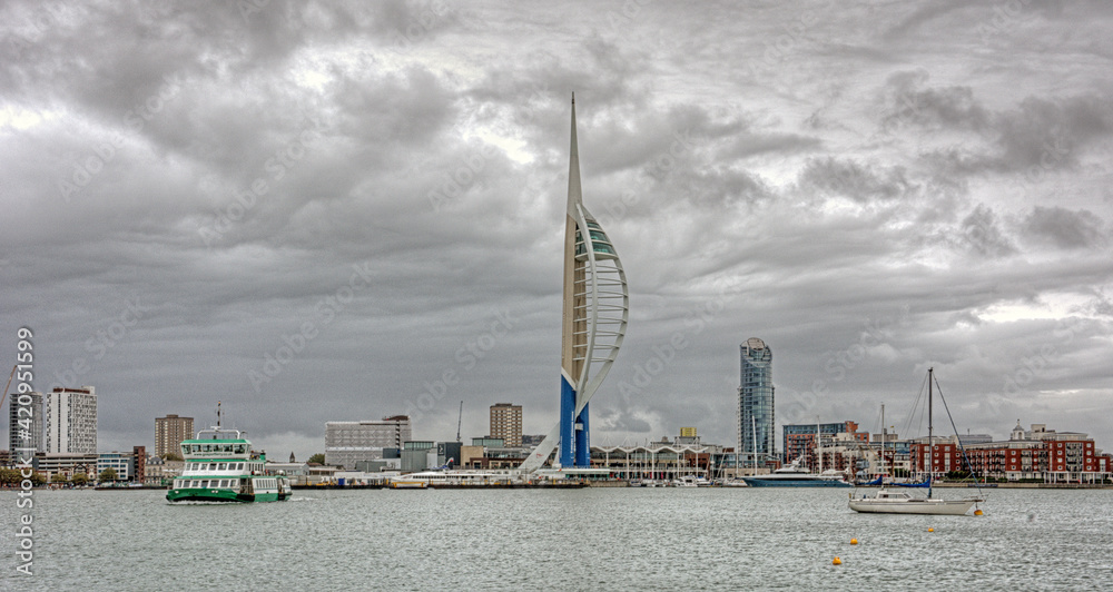 Spinnaker tower and harbour view of Portsmouth in Britain