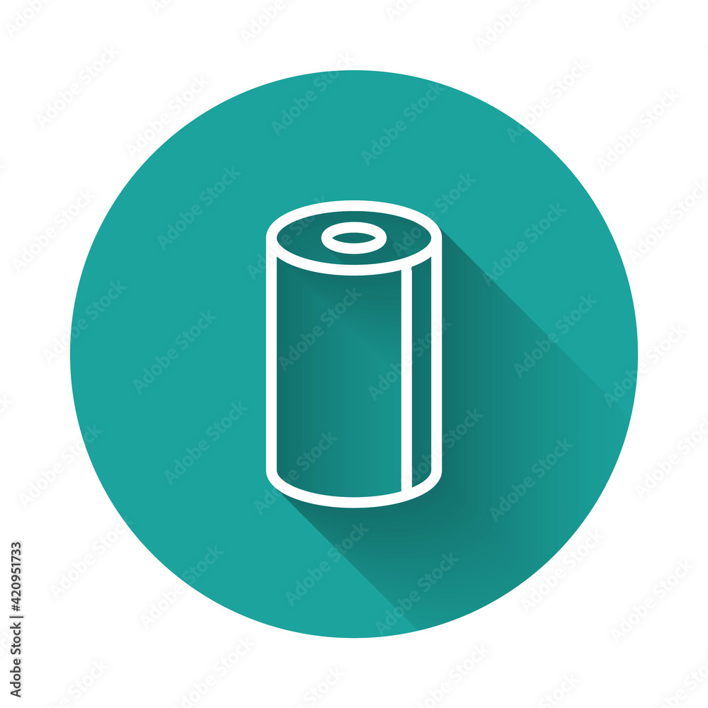 Fototapeta premium White line Paper towel roll icon isolated with long shadow. Green circle button. Vector Illustration