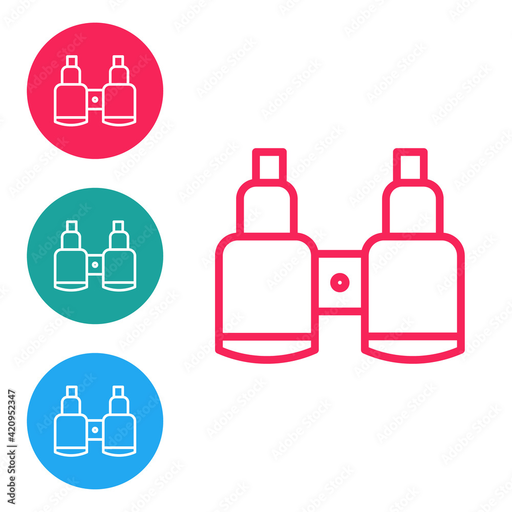 Red line Binoculars icon isolated on white background. Find software sign. Spy equipment symbol. Set icons in circle buttons. Vector Red line Binoculars icon isolated on white background. Find software sign. Spy equipment symbol. Set icons in circle buttons. Vector