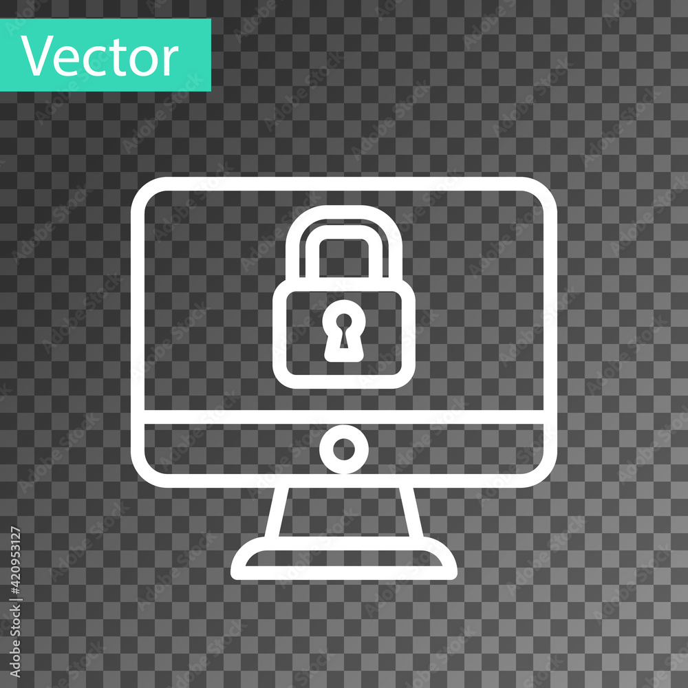 White line Lock on computer monitor screen icon isolated on transparent background. Security, safety, protection concept. Safe internetwork. Vector White line Lock on computer monitor screen icon isolated on transparent background. Security, safety, protection concept. Safe internetwork. Vector