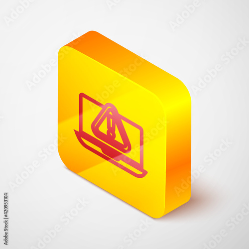 Isometric line Laptop with exclamation mark icon isolated on grey background. Alert message smartphone notification. Yellow square button. Vector