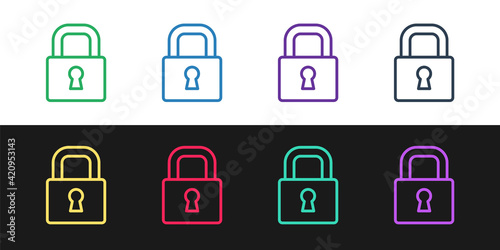 Set line Lock icon isolated on black and white background. Padlock sign. Security, safety, protection, privacy concept. Vector