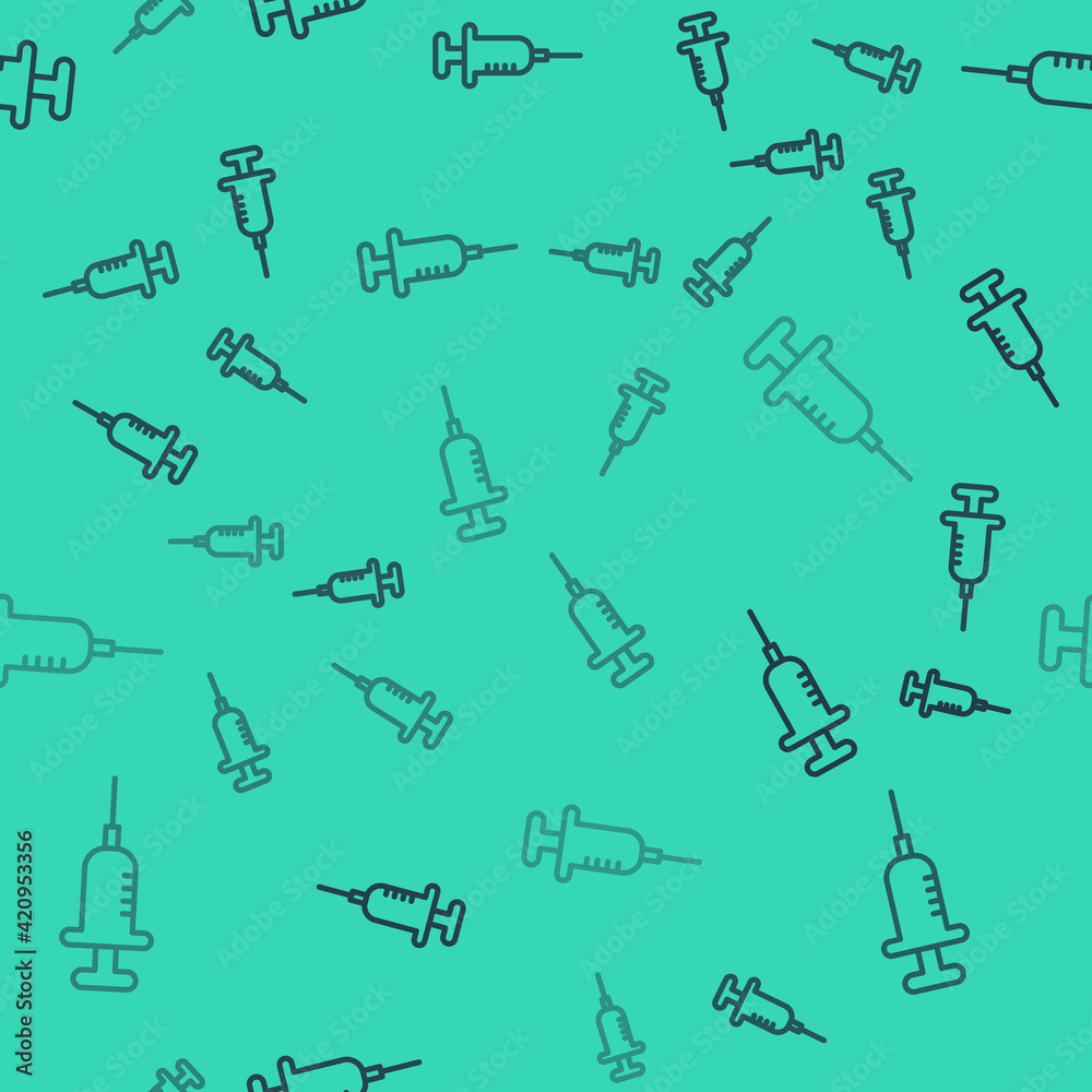 Black line Syringe icon isolated seamless pattern on green background. Syringe for vaccine, vaccination, injection, flu shot. Medical equipment. Vector Black line Syringe icon isolated seamless pattern on green background. Syringe for vaccine, vaccination, injection, flu shot. Medical equipment. Vector