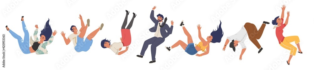 Falling character set, flat vector illustration. Shocked falling down people because of stumbling, slipping, accident. Falling character set, flat vector illustration. Shocked falling down people because of stumbling, slipping, accident.