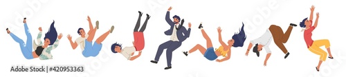 Falling character set, flat vector illustration. Shocked falling down people because of stumbling, slipping, accident. photo
