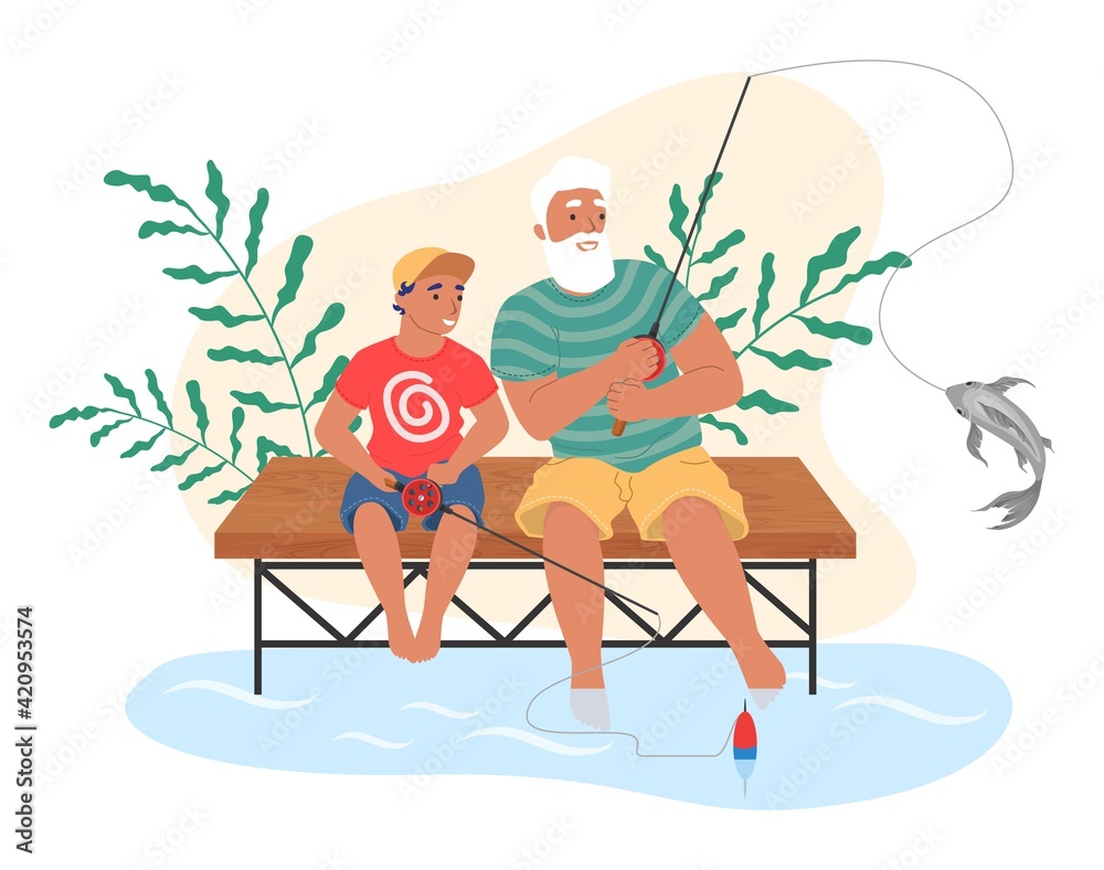 Fototapeta premium Happy grandfather and grandson fishing together, flat vector illustration. Grandparent grandchild relationships.