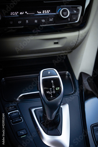 Details inside the car. Gearbox on the automatic transmission on