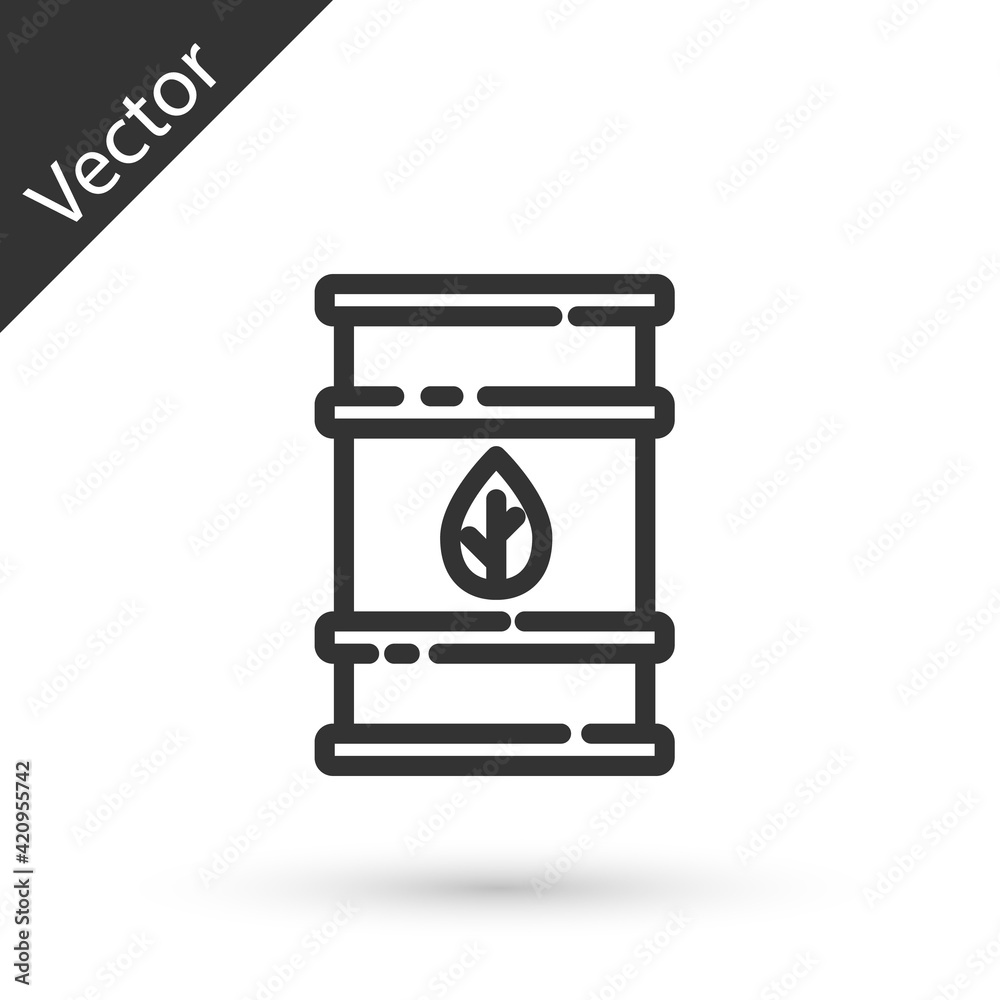 Grey line Bio fuel barrel icon isolated on white background. Eco bio and canister. Green environment and recycle. Vector Grey line Bio fuel barrel icon isolated on white background. Eco bio and canister. Green environment and recycle. Vector